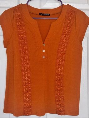 Notebuk Orange Embroidered Top Short Sleeve V Neck Button Detail Casual Blouse